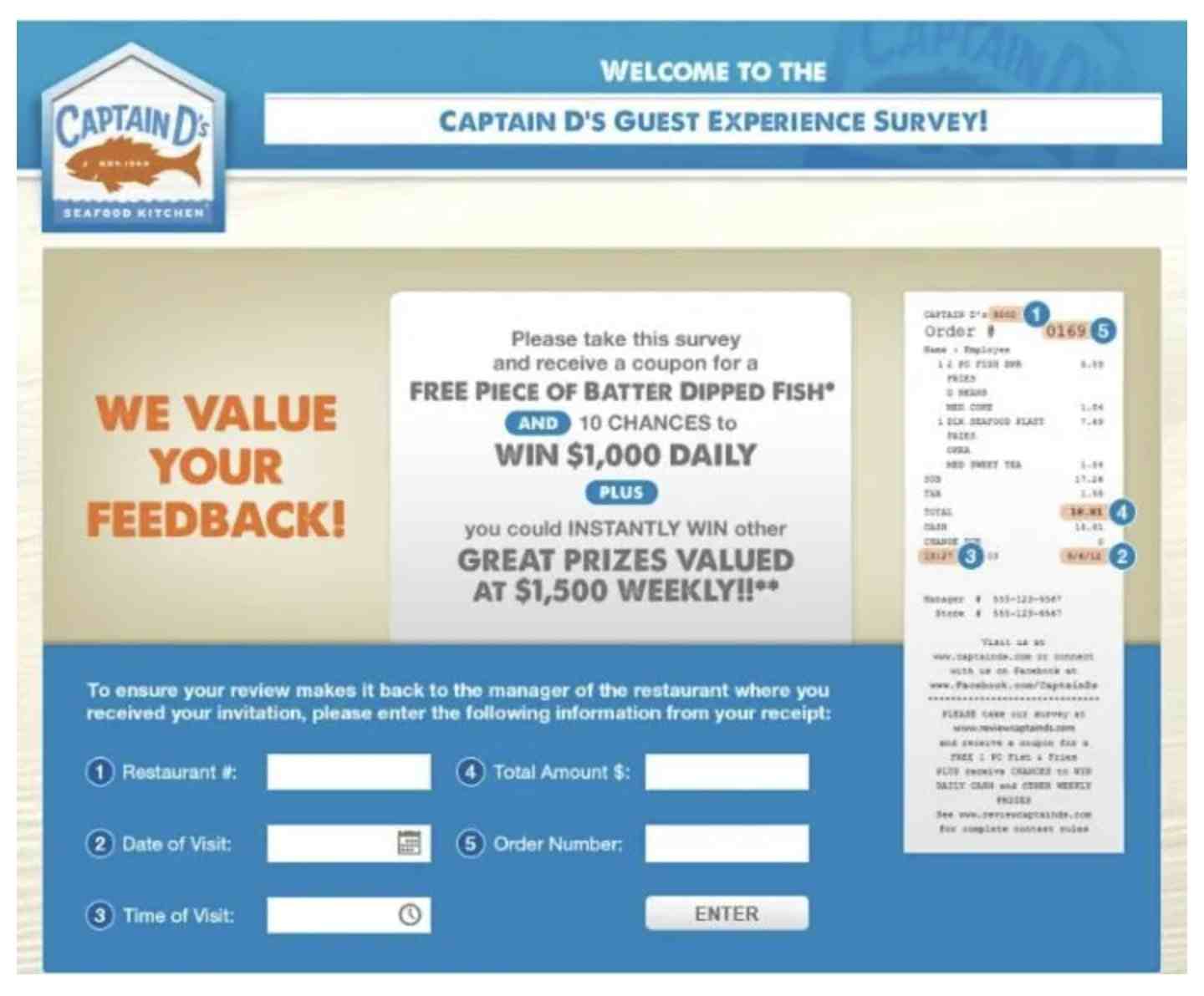 Captain D's Survey @ www.reviewcaptainds.com - Win $1000 or $1500 Captain D’s Survey